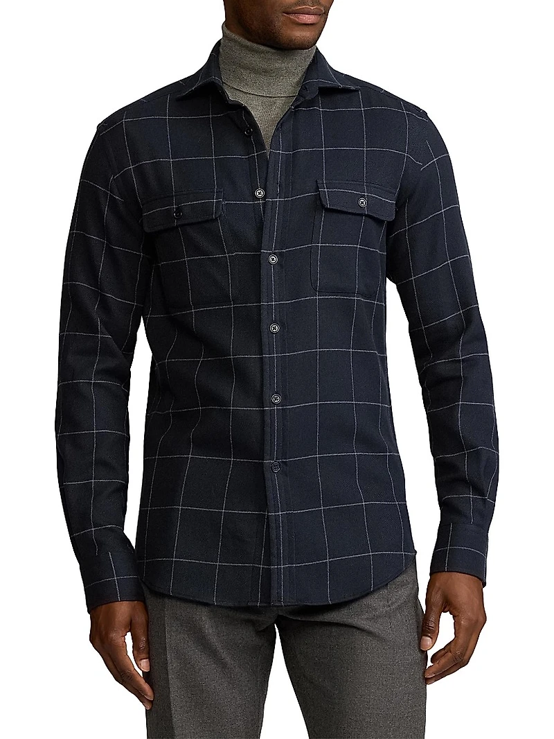 Windowpane Plaid Cotton Flannel Shirt