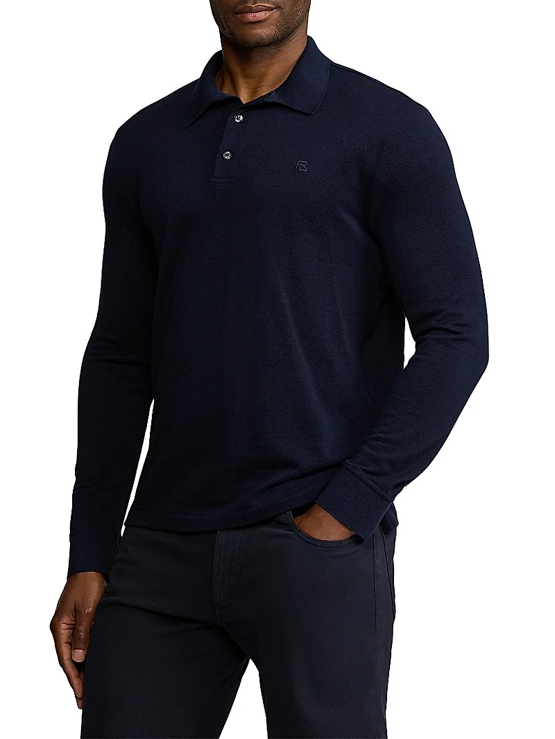 Wool Piqué Long-Sleeve Polo Shirt