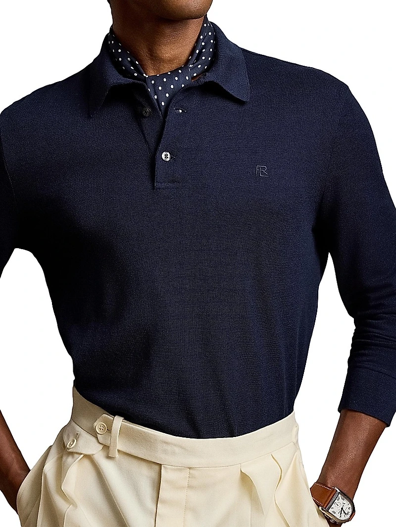 Wool Piqué Long-Sleeve Polo Shirt