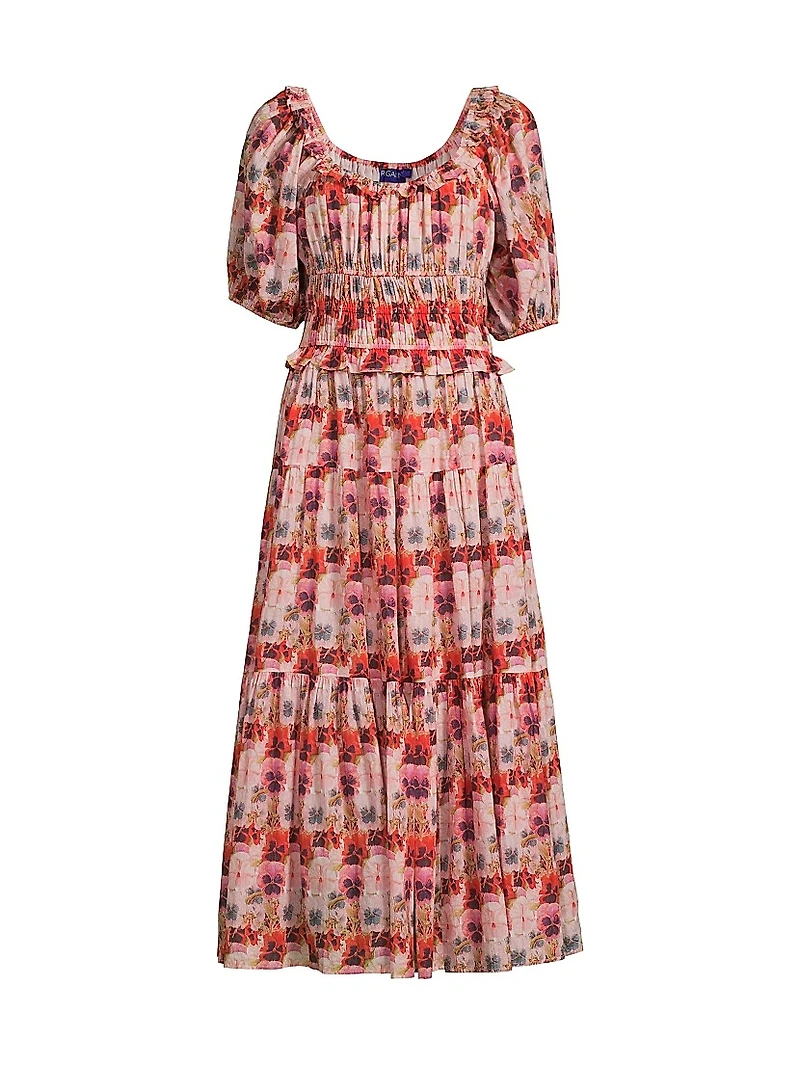 Percy Pansy Print Puff-Sleeve Midi-Dress