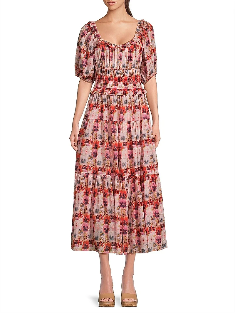 Percy Pansy Print Puff-Sleeve Midi-Dress
