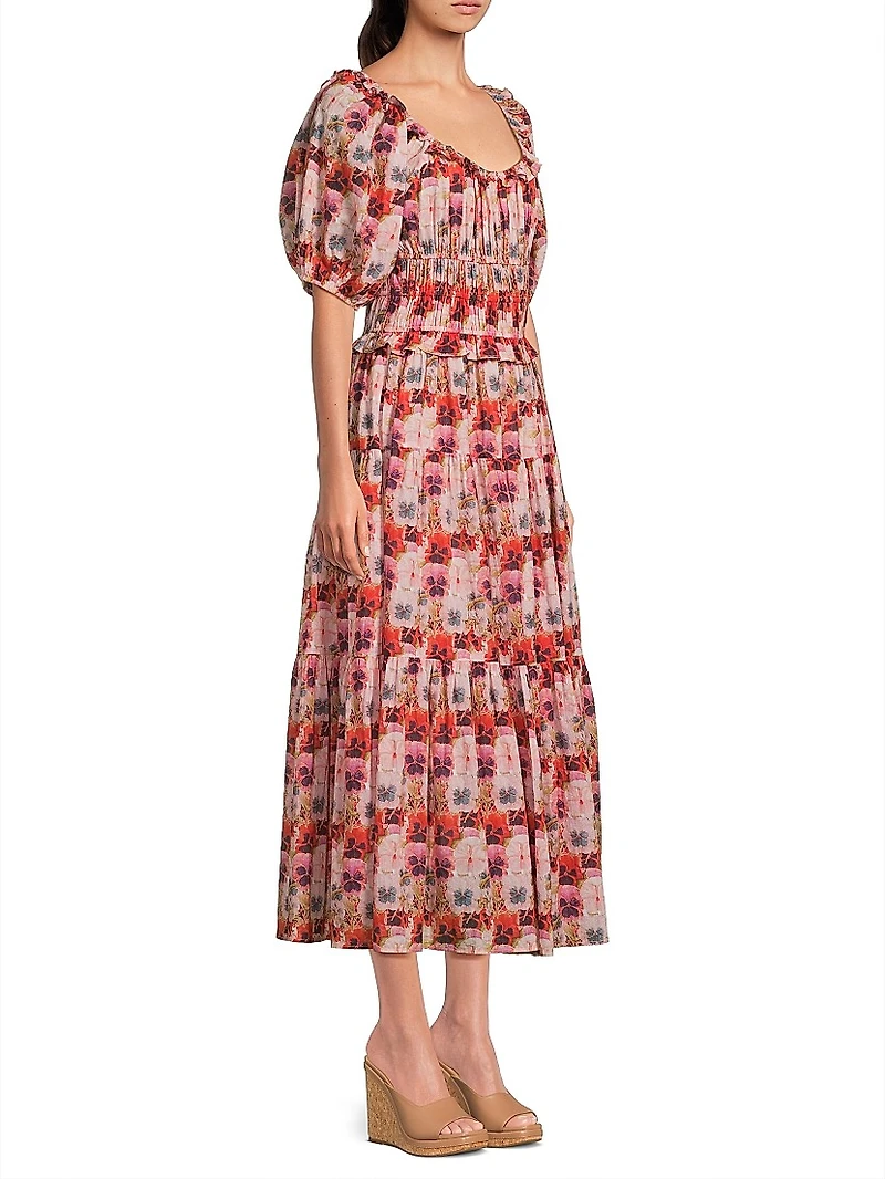 Percy Pansy Print Puff-Sleeve Midi-Dress