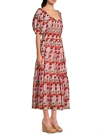 Percy Pansy Print Puff-Sleeve Midi-Dress