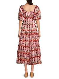 Percy Pansy Print Puff-Sleeve Midi-Dress
