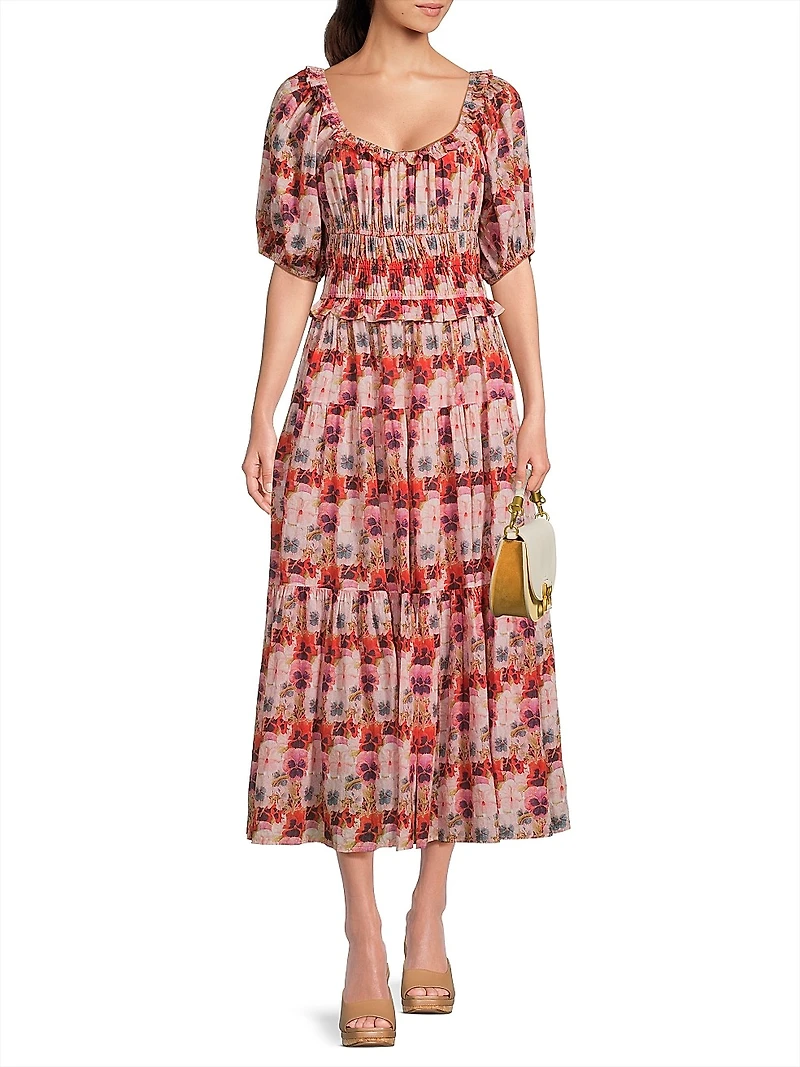 Percy Pansy Print Puff-Sleeve Midi-Dress
