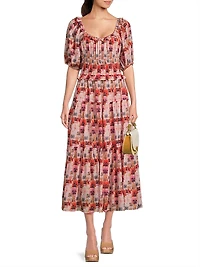Percy Pansy Print Puff-Sleeve Midi-Dress