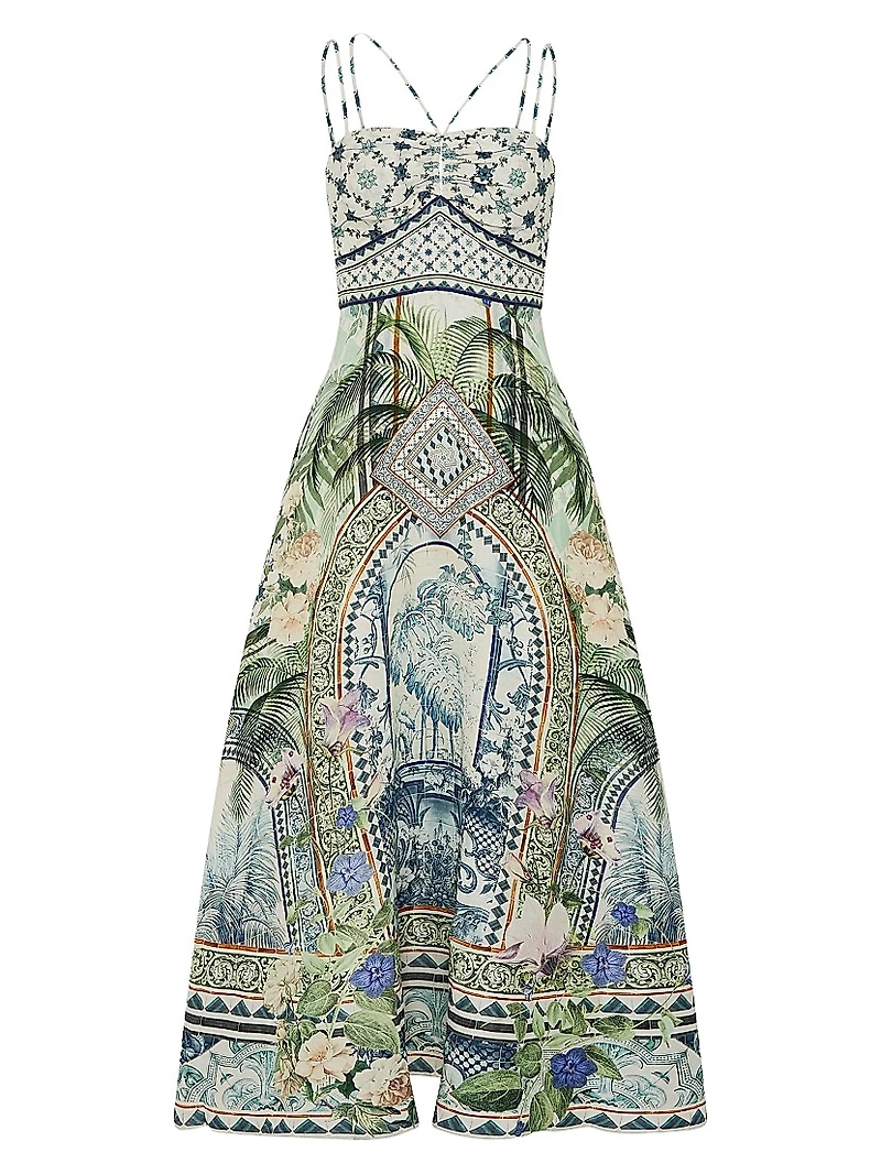 Strappy Botanic Print Linen-Cotton A-Line Maxi Dress
