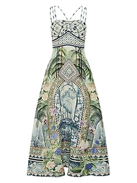 Strappy Botanic Print Linen-Cotton A-Line Maxi Dress