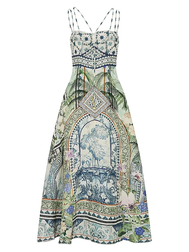 Strappy Botanic Print Linen-Cotton A-Line Maxi Dress