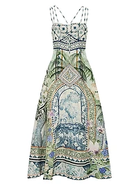 Strappy Botanic Print Linen-Cotton A-Line Maxi Dress