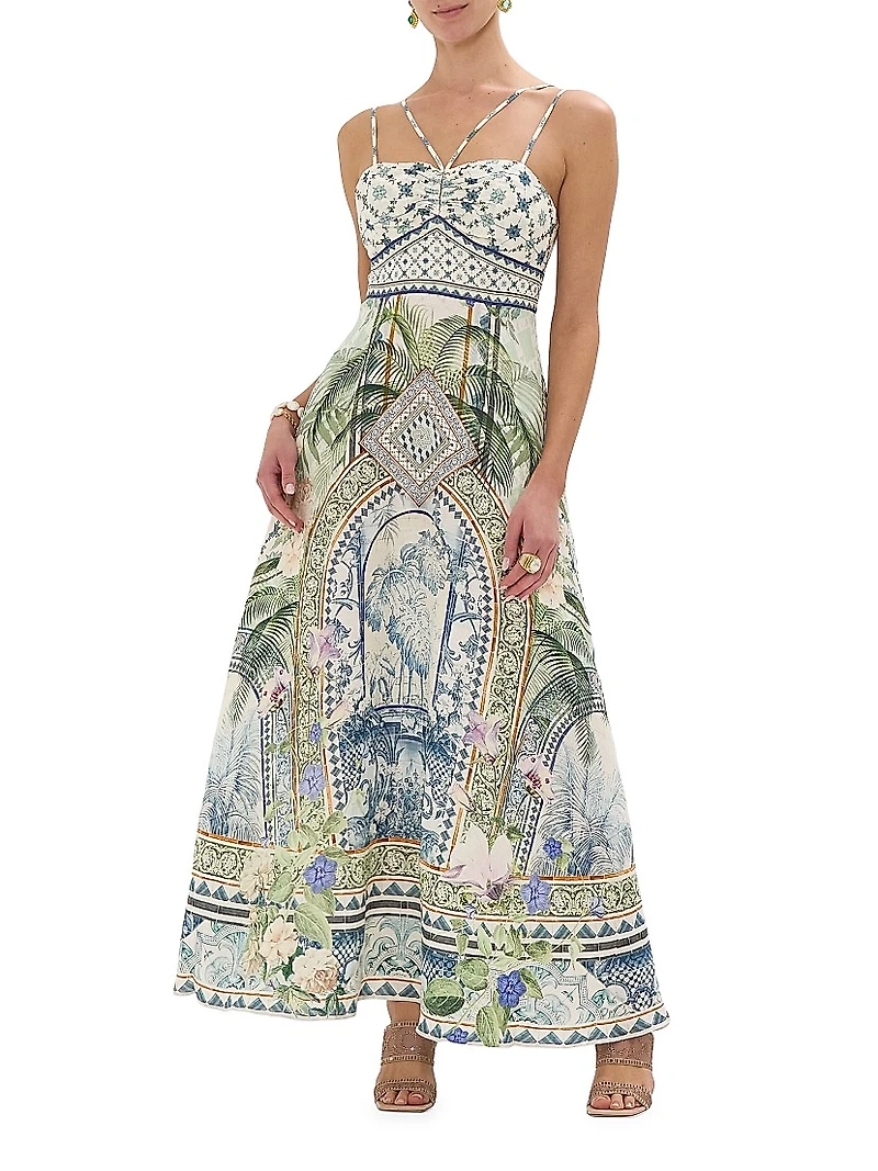 Strappy Botanic Print Linen-Cotton A-Line Maxi Dress