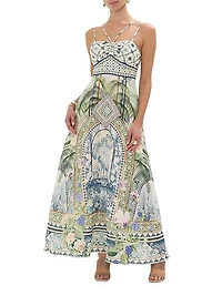 Strappy Botanic Print Linen-Cotton A-Line Maxi Dress