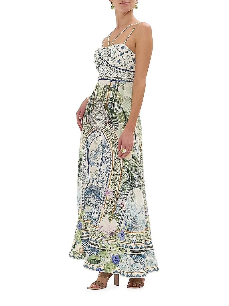 Strappy Botanic Print Linen-Cotton A-Line Maxi Dress