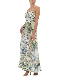 Strappy Botanic Print Linen-Cotton A-Line Maxi Dress