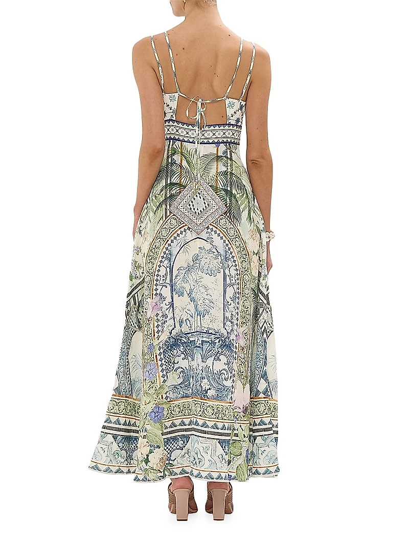 Strappy Botanic Print Linen-Cotton A-Line Maxi Dress