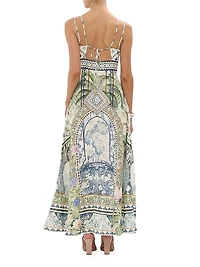 Strappy Botanic Print Linen-Cotton A-Line Maxi Dress