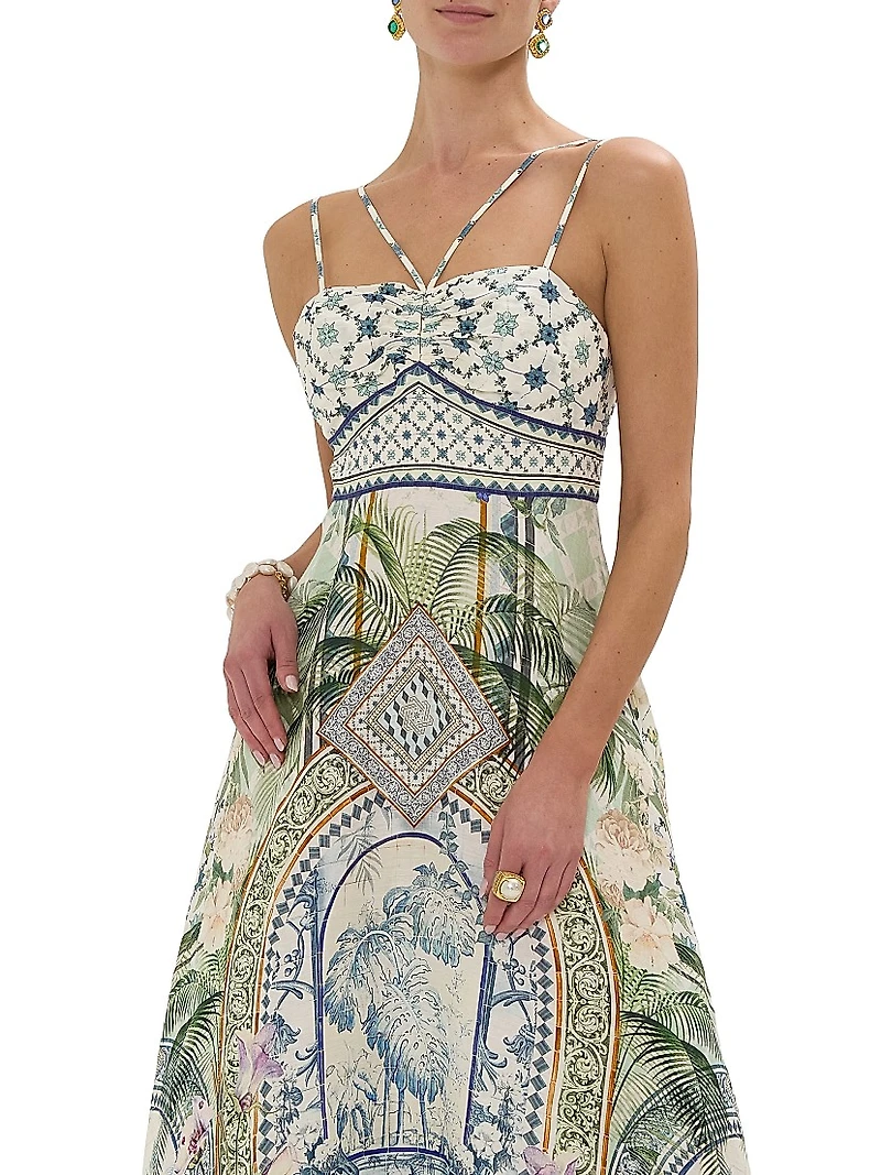 Strappy Botanic Print Linen-Cotton A-Line Maxi Dress