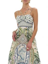 Strappy Botanic Print Linen-Cotton A-Line Maxi Dress