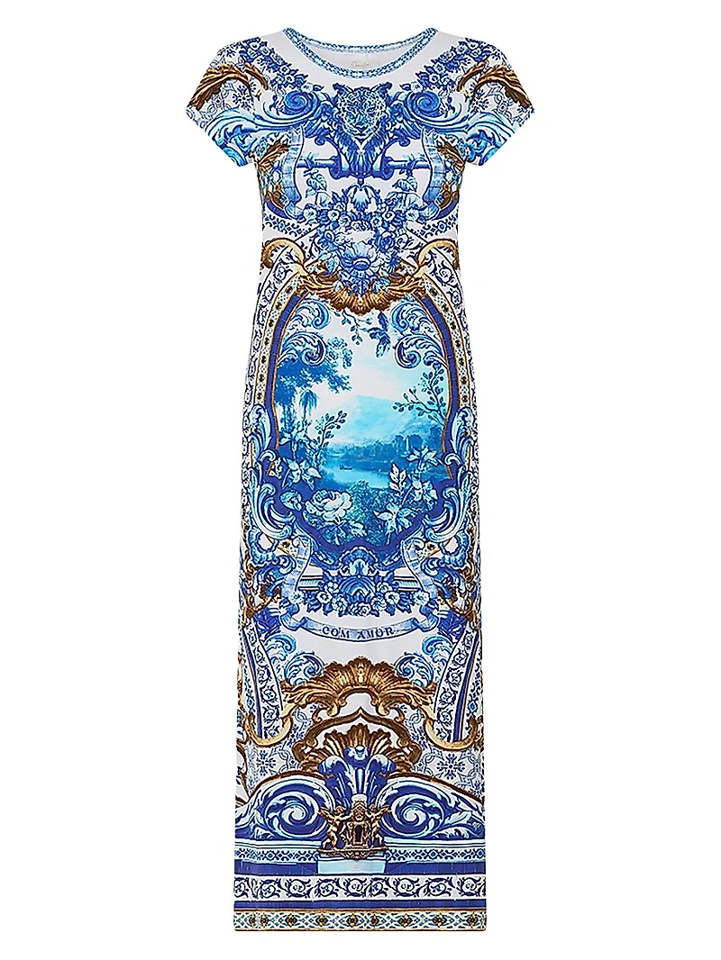 Printed Stretch Cotton Cap-Sleeve Sheath Midi-Dress