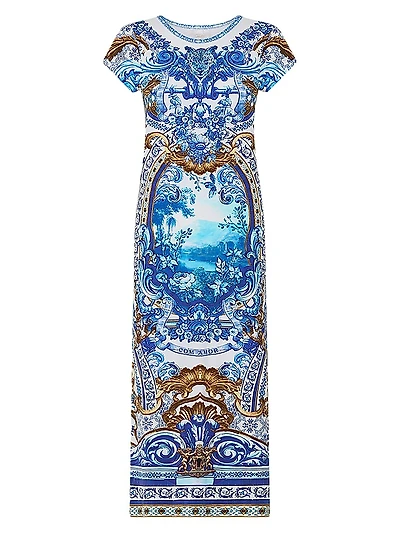 Printed Stretch Cotton Cap-Sleeve Sheath Midi-Dress