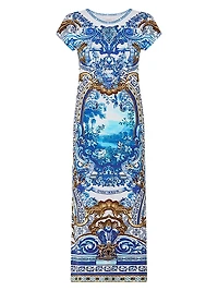 Printed Stretch Cotton Cap-Sleeve Sheath Midi-Dress