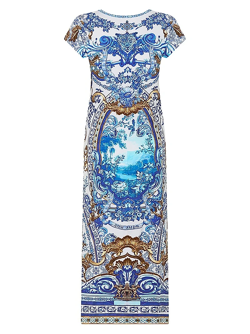 Printed Stretch Cotton Cap-Sleeve Sheath Midi-Dress