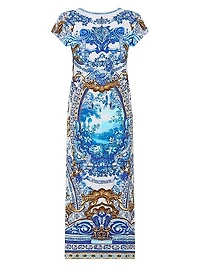 Printed Stretch Cotton Cap-Sleeve Sheath Midi-Dress