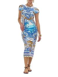 Printed Stretch Cotton Cap-Sleeve Sheath Midi-Dress