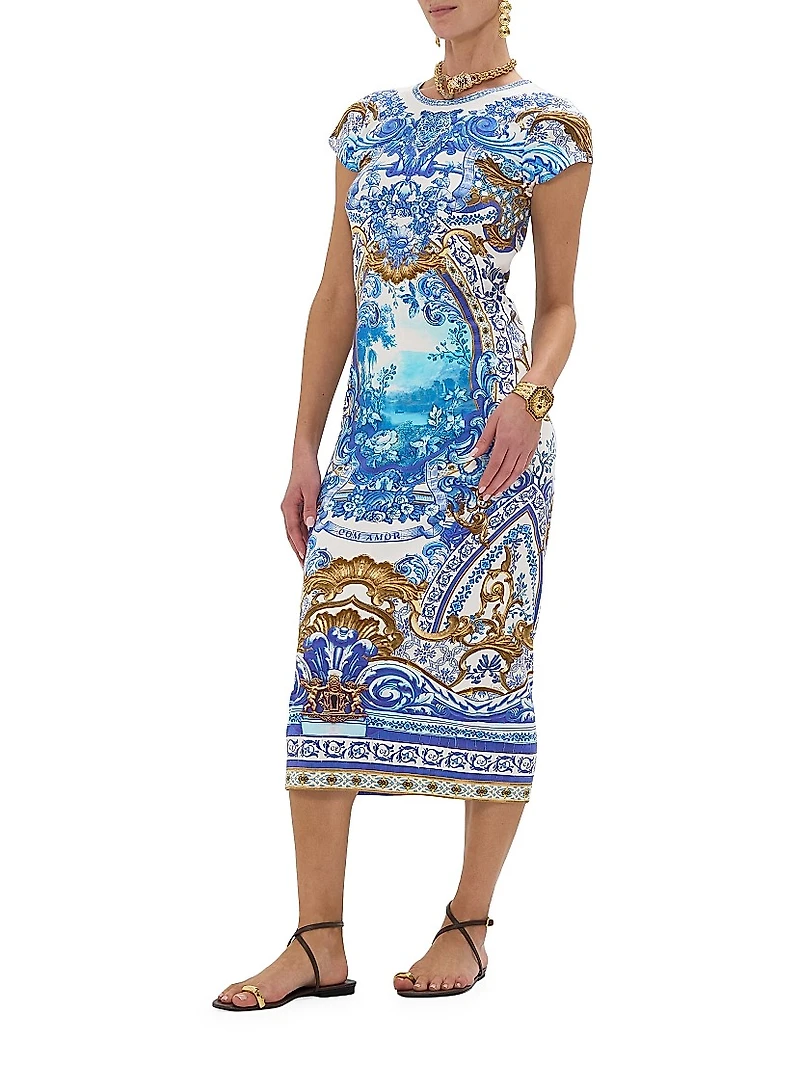Printed Stretch Cotton Cap-Sleeve Sheath Midi-Dress
