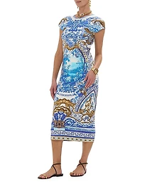 Printed Stretch Cotton Cap-Sleeve Sheath Midi-Dress