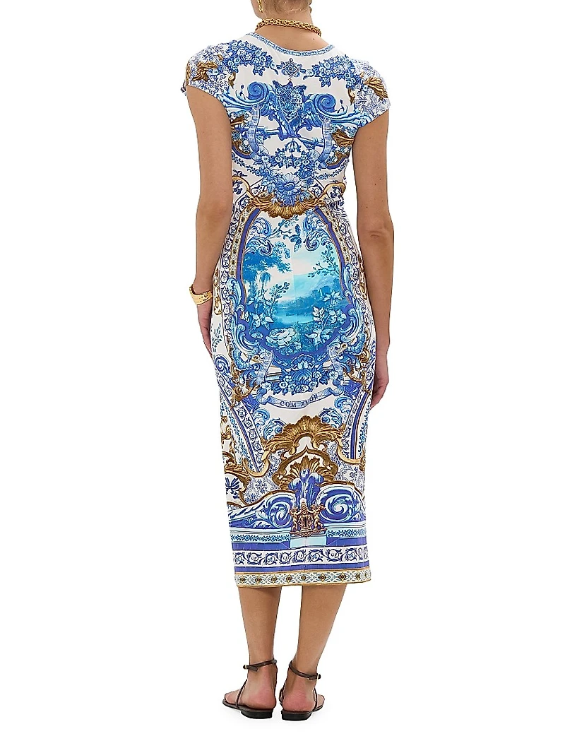 Printed Stretch Cotton Cap-Sleeve Sheath Midi-Dress