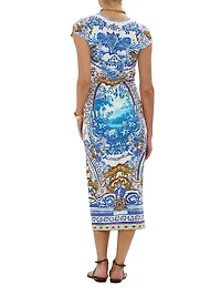 Printed Stretch Cotton Cap-Sleeve Sheath Midi-Dress
