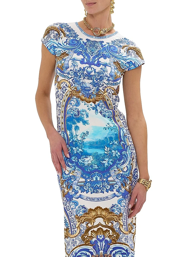 Printed Stretch Cotton Cap-Sleeve Sheath Midi-Dress