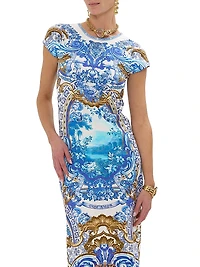 Printed Stretch Cotton Cap-Sleeve Sheath Midi-Dress