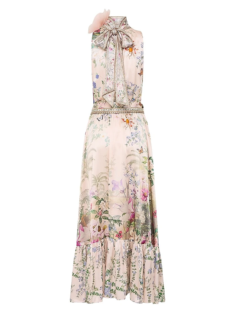 Floral Silk Tieneck A-Line Maxi Dress