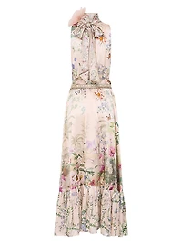 Floral Silk Tieneck A-Line Maxi Dress