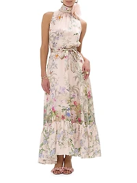 Floral Silk Tieneck A-Line Maxi Dress