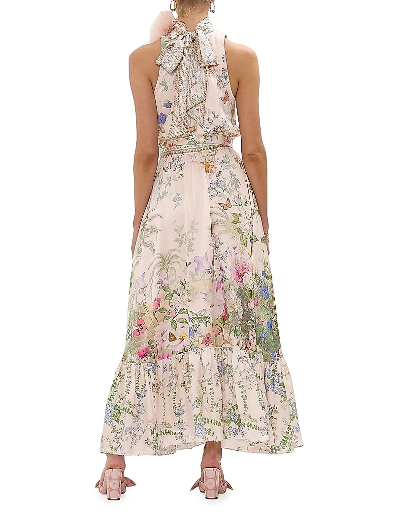 Floral Silk Tieneck A-Line Maxi Dress
