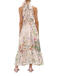 Floral Silk Tieneck A-Line Maxi Dress