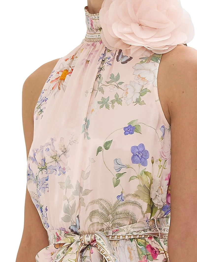 Floral Silk Tieneck A-Line Maxi Dress