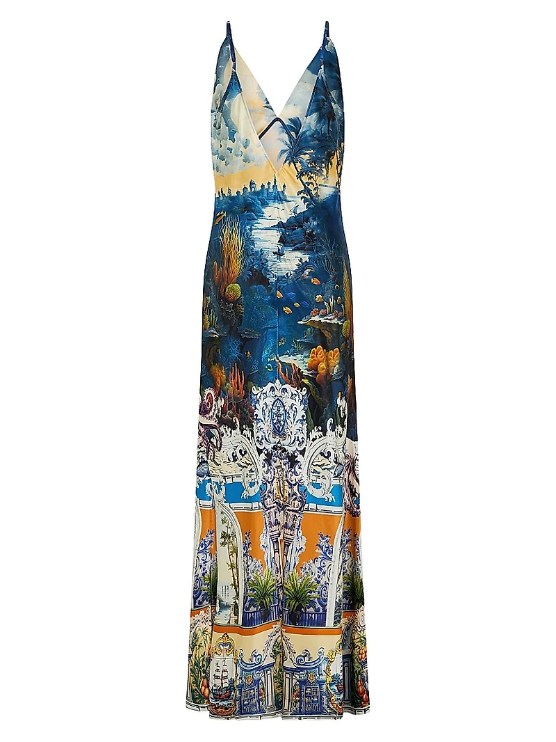 Printed Silk V-Neck A-Line Maxi Slipdress