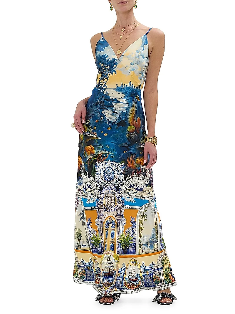 Printed Silk V-Neck A-Line Maxi Slipdress