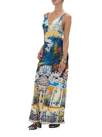 Printed Silk V-Neck A-Line Maxi Slipdress