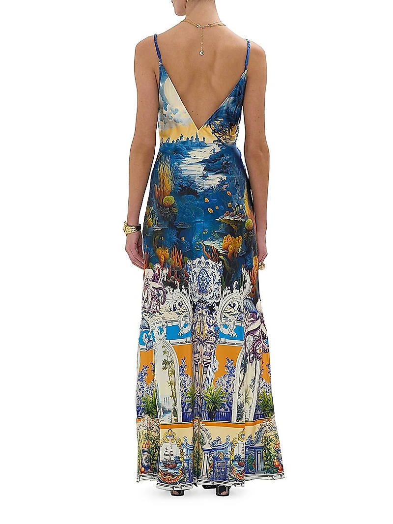 Printed Silk V-Neck A-Line Maxi Slipdress