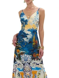 Printed Silk V-Neck A-Line Maxi Slipdress