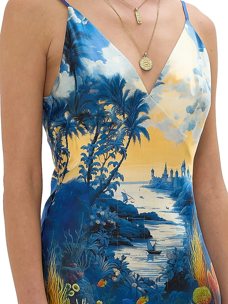 Printed Silk V-Neck A-Line Maxi Slipdress