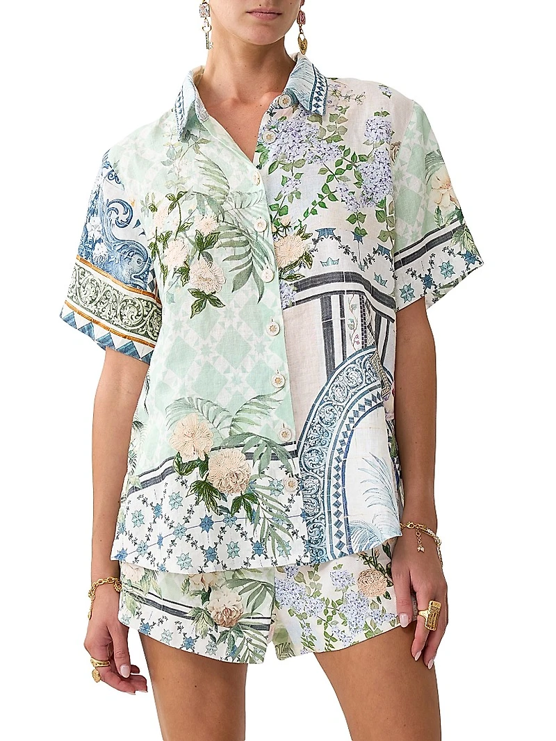 Printed Linen Short-Sleeve Shirt