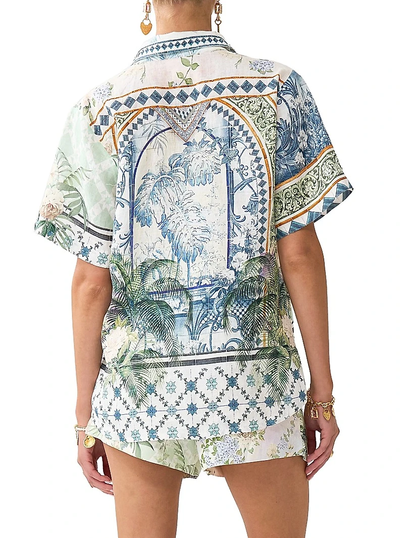 Printed Linen Short-Sleeve Shirt