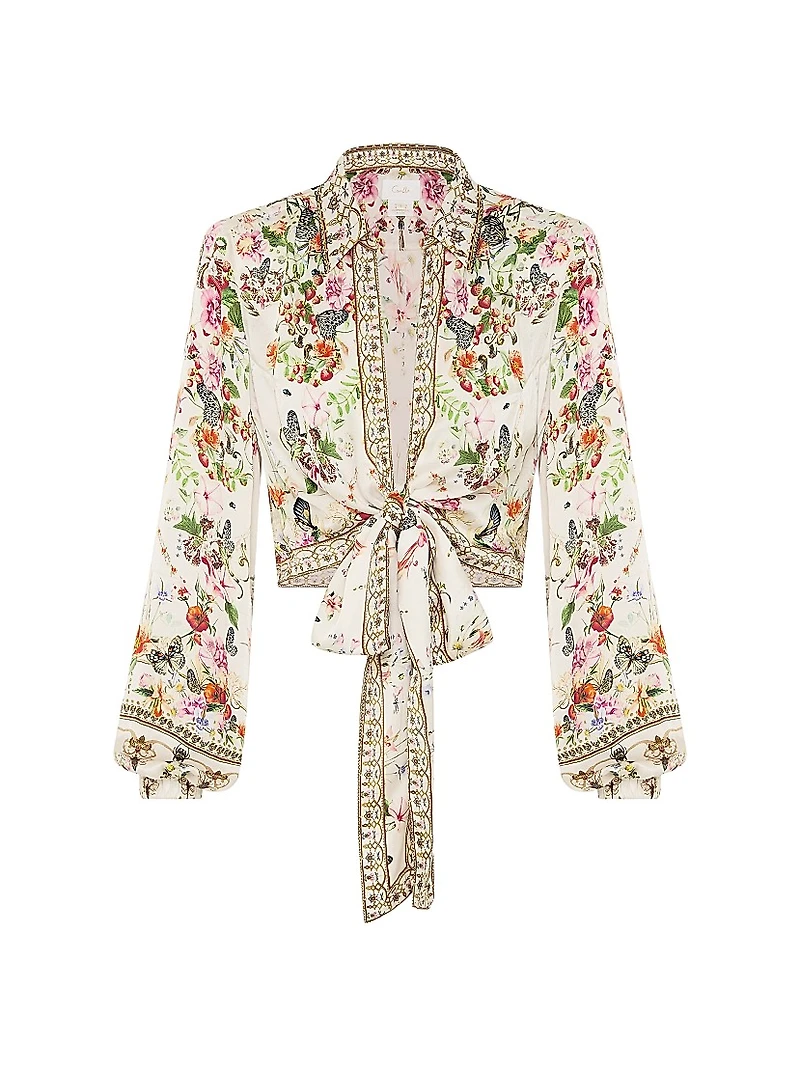 Garden Print Silk Cropped Wrap Shirt