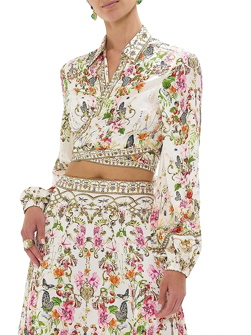 Garden Print Silk Cropped Wrap Shirt